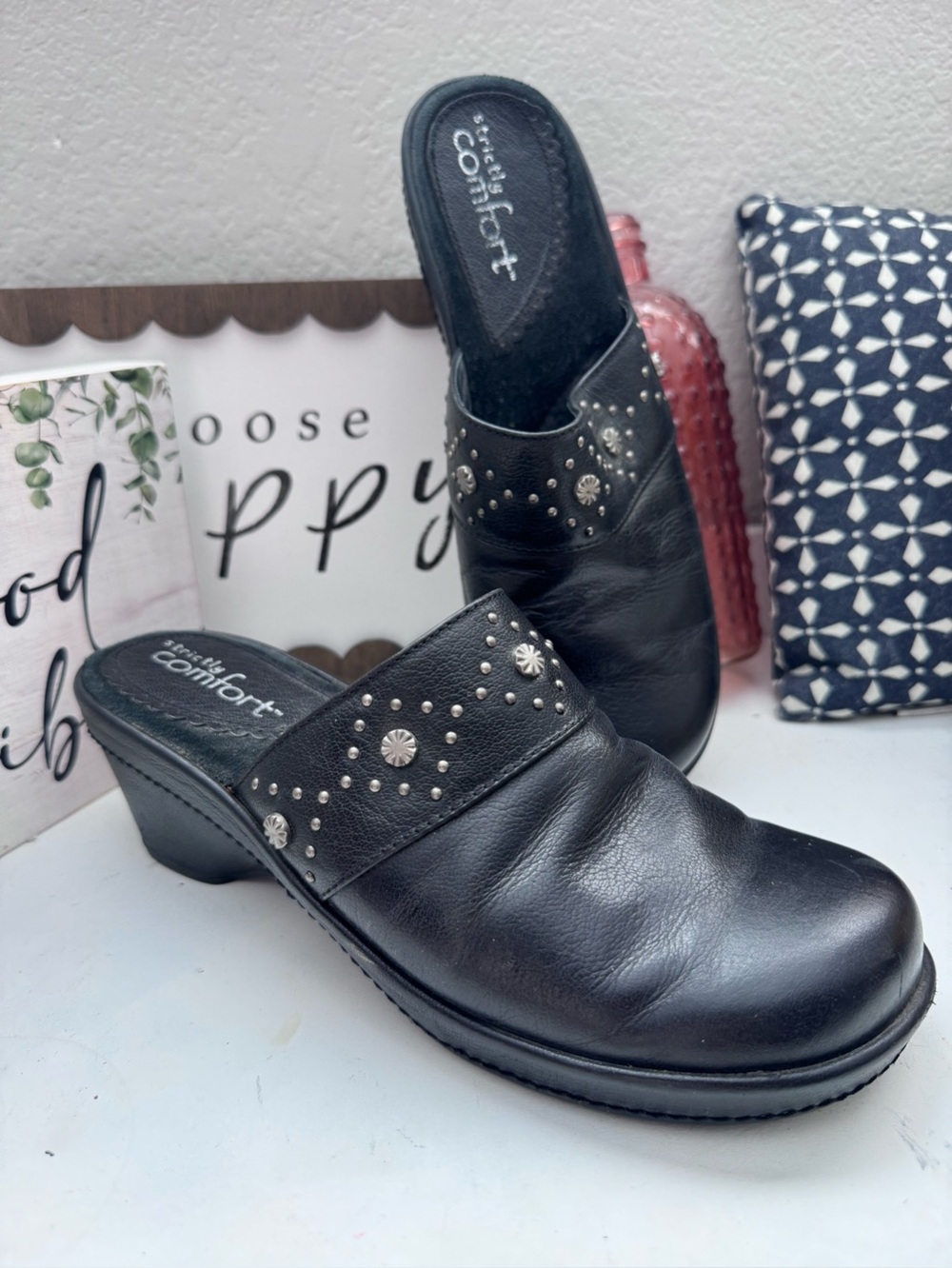 strictly comfort studded leather black mules